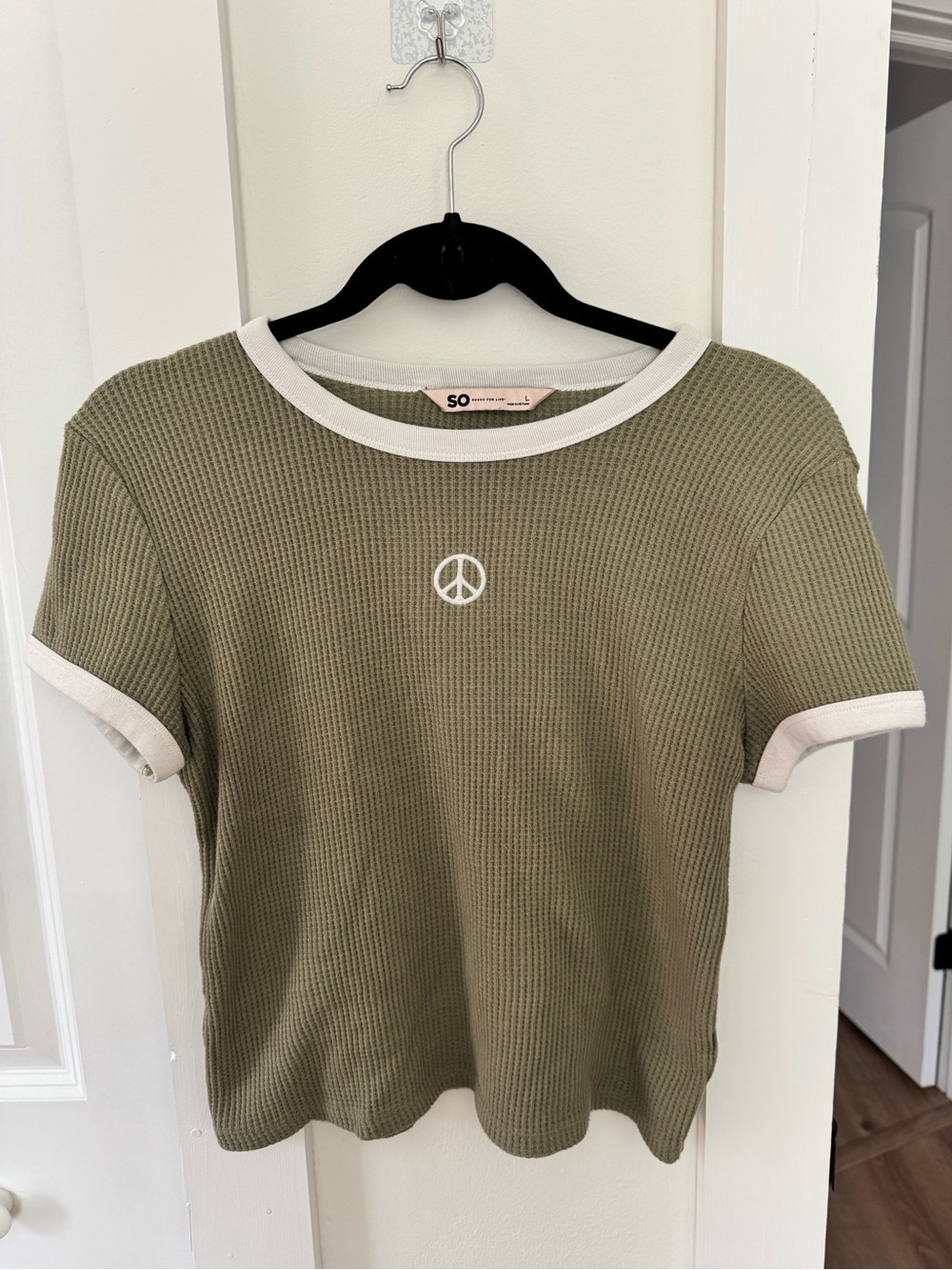 SO Olive Green Waffle Ringer Tee with Cream Trim and Peace Patch